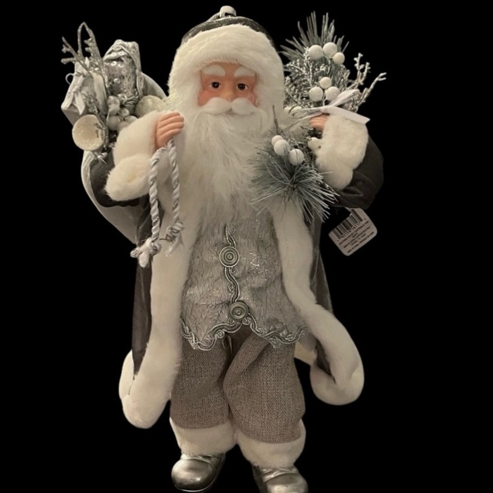20” Tall Festive Santa Claus Figurine in Gray and White Embroidered Outfit - Picture 3 of 5